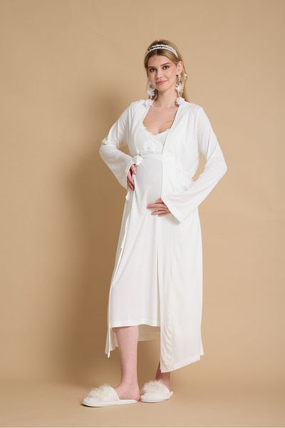 venera طقم ثوب نوم أنيق للأمهات من Plain Ecru - طقم حمل مكون من قطعتين، Effortt