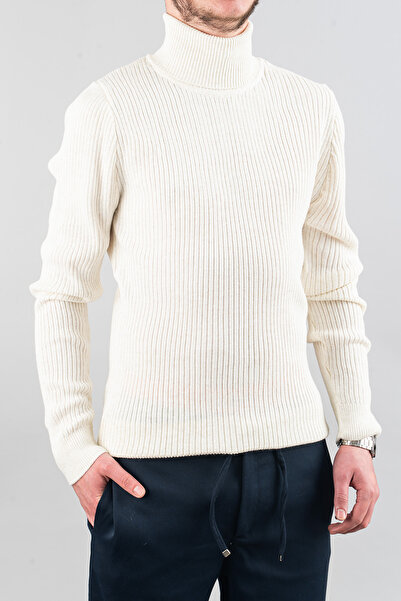 bombe Ανδρικό πουλόβερ με λεπτή εφαρμογή με βαμβακερό λαιμόκοψη λευκό