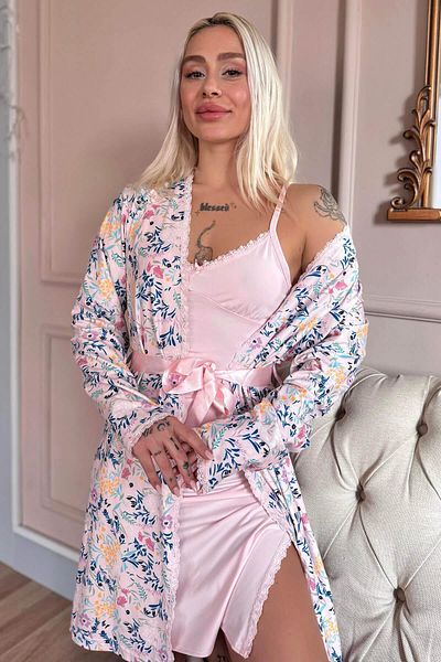 Pijamaevi Dusty Pink Whisper Exclusive Knitted Dressing Gown Nightgown Women's Pajamas Set