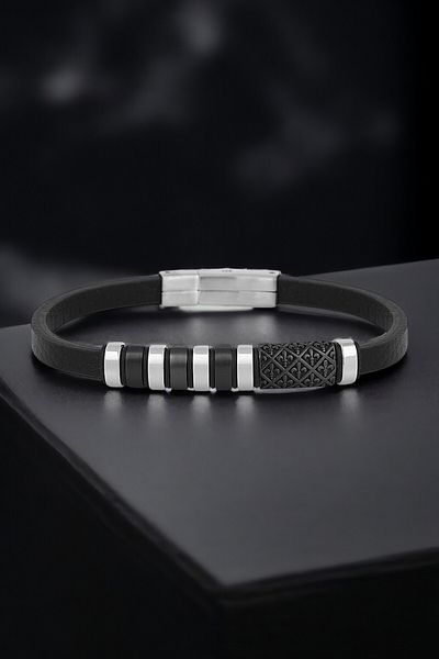 Daniel Klein Original Men's Bracelet Genuine Leather Stainless Steel Detailed Black Color Clip Buckle