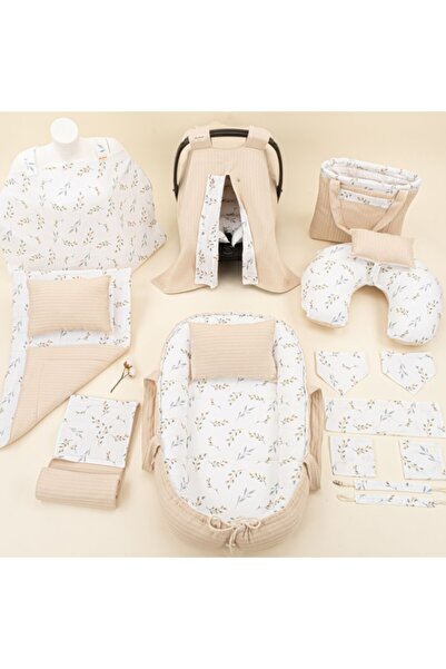 Yunikobaby طقم كامل مكون من 18 قطعة - وجهين - حياكة قهوة الحليب - أوراق الشجر