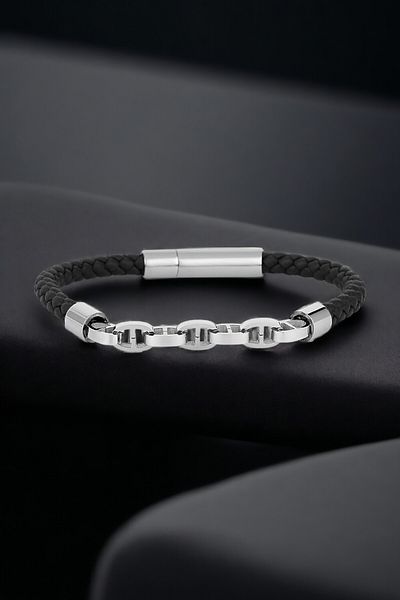 Daniel Klein Men's Bracelet Genuine Leather Stainless Steel Detailed Black Color Snap Buckle