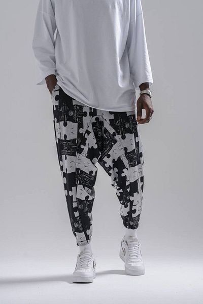 Superbluemexico Men's Patterned Jogger Black Baggy Trousers