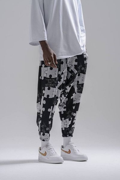Superbluemexico Men's Patterned Jogger Black Baggy Trousers