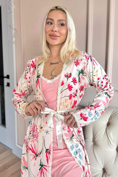 Pijamaevi Exkluzivní dámská pyžamová souprava Pink Paradise s pletenou županovou noční košilí