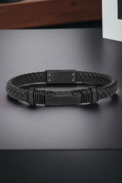 Daniel Klein Men's Bracelet - G黱Ey Leather with Stainless Steel Black Type Dkeblk2011C2