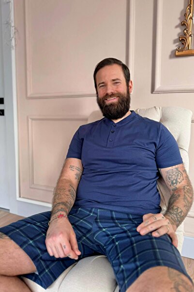 Pijamaevi Lacivert Ekose Line Edge Detaylı Şortlu Kısa Kollu Erkek Pijama Takımı