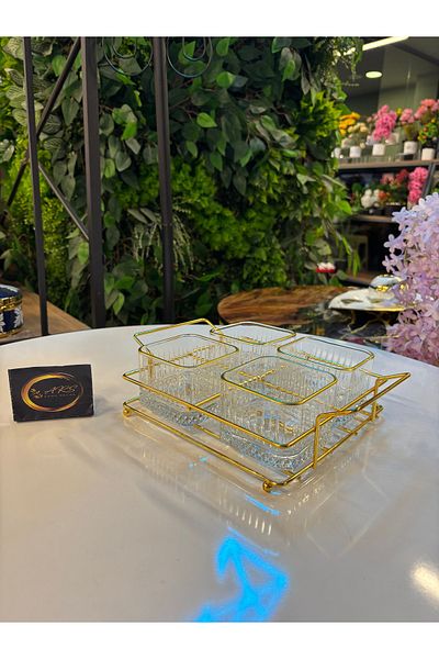 Paşabahçe Ars Pasabahce Elysia Gilded Square Bowl, Metal Gold Stand 4 Snack Bowl, Presentation, Breakfast