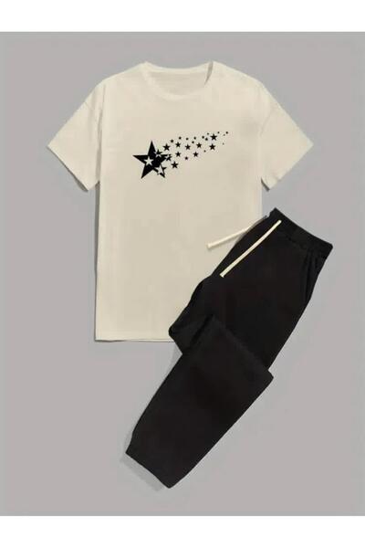 caddekombin Ανδρικό σετ αθλητικής φόρμας σε μπεζ χρώμα - Μπλουζάκι με στάμπα ...