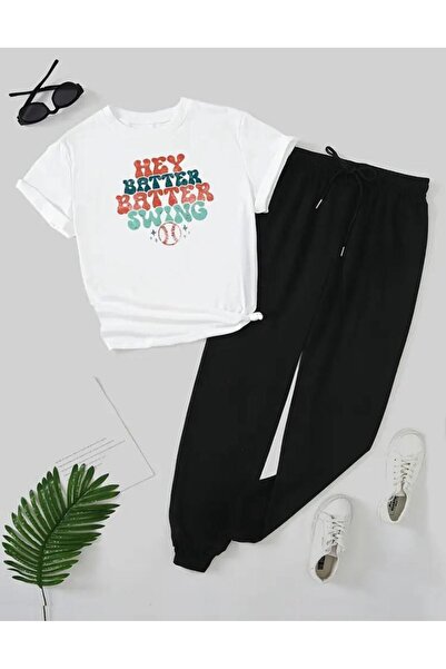 caddekombin Σετ γυναικείο μπλουζάκι και φούτερ Jogger Hey Batter - Μαύρο και ...