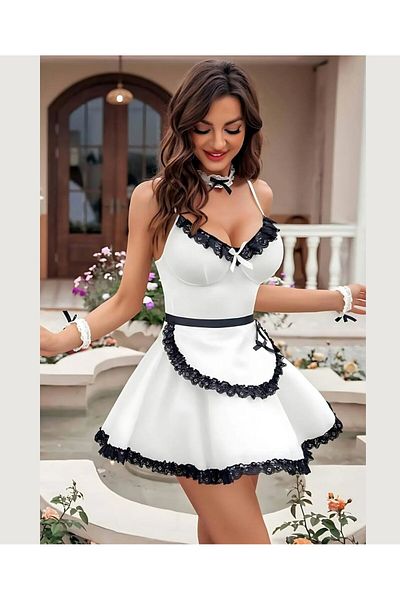 İntive Lingerie Lily Bianca Λευκό Λεπτό Γυναικείο Σετ Φανταστική Υπηρέτρια με Μίνι Ποδιά -129