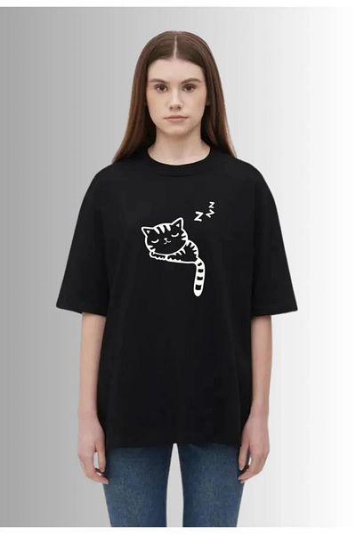 Frisson Cat Printed Crew Neck Oversize Cotton T-Shirt