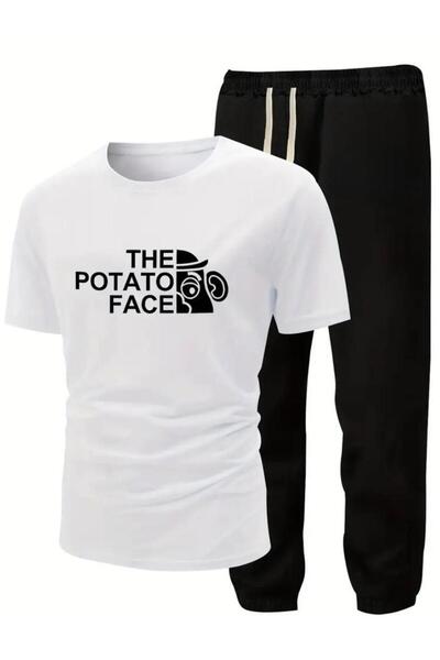 caddekombin طقم بدلة رياضية كاجوال مطبوع عليه وجه بوتاتو للرجال - أبيض