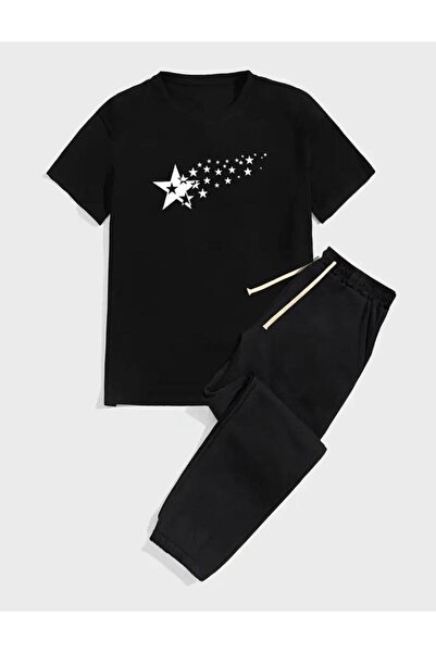 caddekombin Muška crna trenerka Jogger - Zvezde padaju Štampano T-shirt i tre...