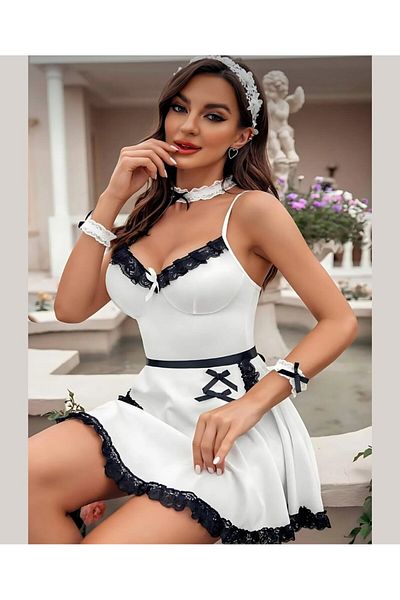 İntive Lingerie Lily Bianca Λευκό Λεπτό Γυναικείο Σετ Φανταστική Υπηρέτρια με Μίνι Ποδιά -129