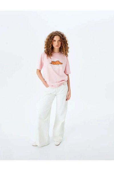 Koton Cat Printed Crew Neck Pink Women's T-Shirt 5Sal10145Ik