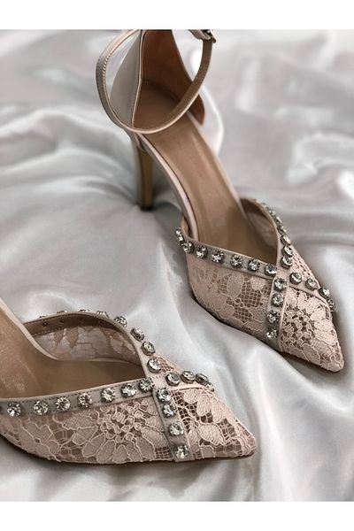 Hg Ayakkabı Vinita Beige Lace Rocked Satin Fabric 8,5 cm Heel Shoes