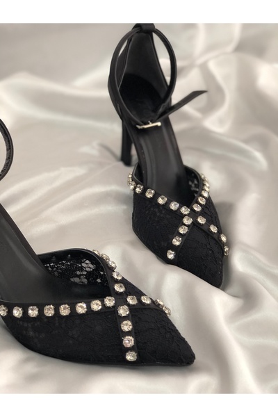 Hg Ayakkabı VINITA SİYAH DANTELLİ TAŞLI ARKASI SATEN KUMAŞ 8,5 cm TOPUKLU AYAKKABI