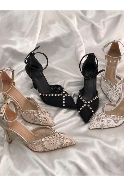 Hg Ayakkabı Vinita Black Lace Rocked Satin Fabric 8,5 cm Heel Shoes