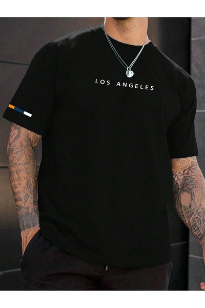 DESCARTES Tricou oversize cu imprimeu Los Angeles pentru bărbați, cu detaliu ...