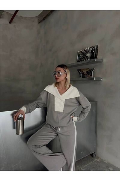 02Lady Fashion Modal Fabric Training Suit Wide Legs with Clutch Collar Button Strip Detail
