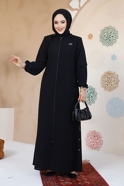 Neva Style Zippered Black Hijab Abaya 61362S