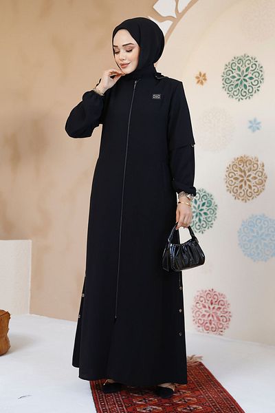 Neva Style Zippered Black Hijab Abaya 61362S