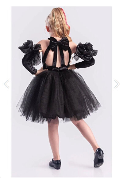 Sare Çocuk Giyim Fluffy Girl's Princess Evening Dress with Rose Sleeves Back Stripe Detail, Stylish Special Occasion Dress