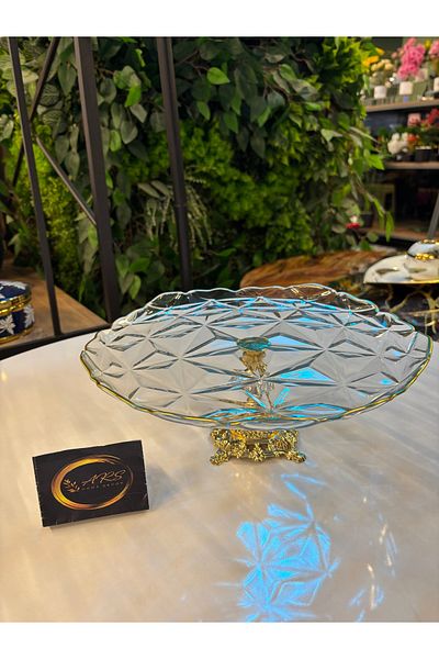 Paşabahçe Ars Pasabahce Metal Square Footed Cutout Look Edge Gilded Presentation Bowl, Decorative Plate, Borcam