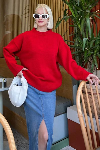 MODASPARK Red Crew Neck Oversize Women's Knitwear Sweater