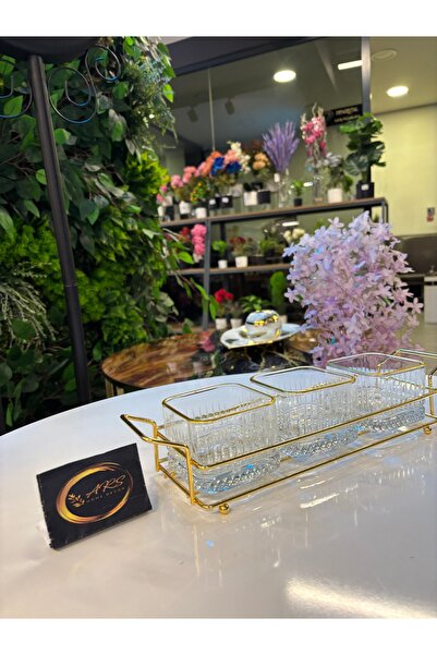 Paşabahçe Ars Pasabahce Elysia Gilded Square Bowl Metal Gold Stand 3 Snack Bowl, Sugar Bowl, Presentation Bowl, Plate