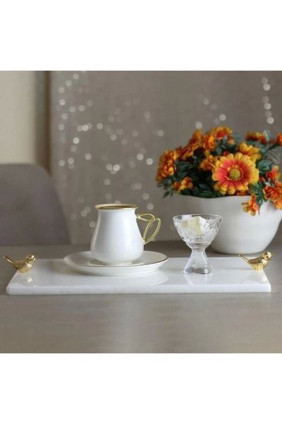 Akayev Marble White 30x20 Cm Gold Bird Presentation Plate