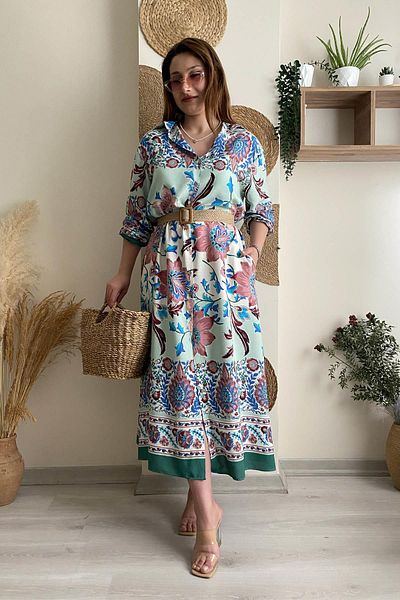 İstangül Butik Rochie cămașă din bumbac cu model de lungime maxi