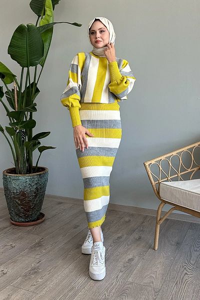 KAREN Midi Length Bat Sleeve Double Knitwear Set with Inner Dress