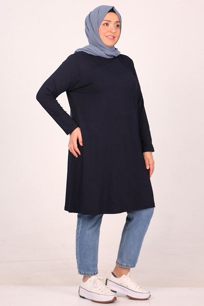 Eslina 38501 Large Size Navy Blue Combed Cotton Tunic - Basic Model