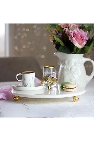 Akayev Marble White 28 Cm Gold Bead Foot Ginkgo Presentation Plate