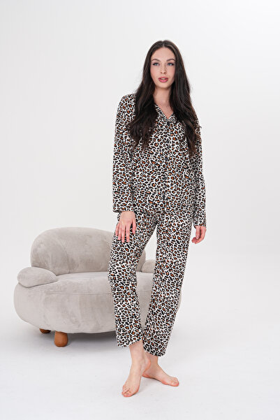Arvin Pijama Σετ πιτζάμες με βαμβακερό γιακά πουκάμισο με κουμπιά με στάμπα λεοπάρ