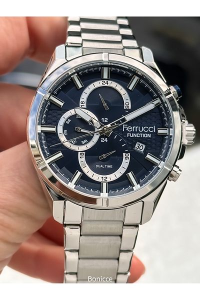 Ferrucci Men's Wrist Watch & Bracelet Rosary - Silver Color, Steel Band, Navy Blue Dial