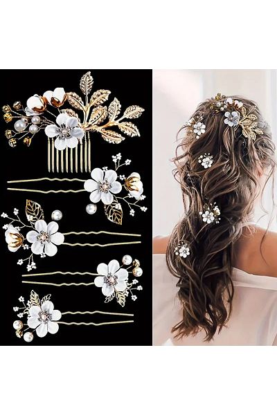 Eva Flore 5Pcs Gold Floral Pattern Leaf Hair Clip - Hair Accessory Bun Barrette for Brides
