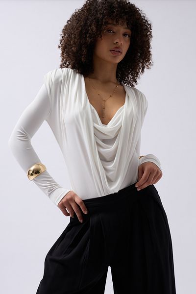 Black Fashion Padded Degaje Collar White Bodysuit