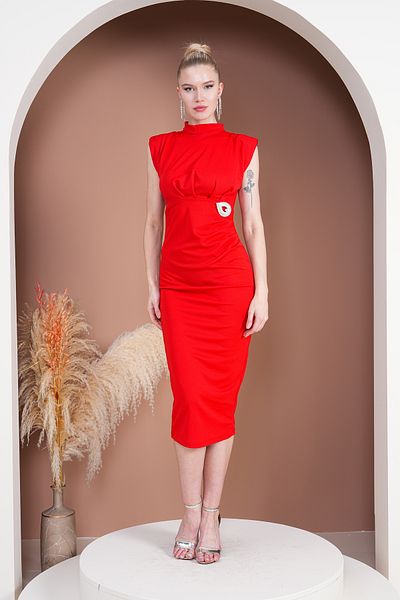 Varyete Padded Draped Midi Length Dress with Brooches Wedding Engagement Promise Graduation