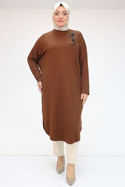 Eslina 58040 Plus Size Low Sleeve Flower-Stone Detailed Combed Cotton Tunic - Brown