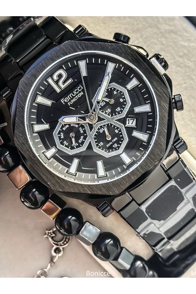 Ferrucci Men's Watch - Black Color, Steel Band, Dial Function, Bracelet Prayer Beads