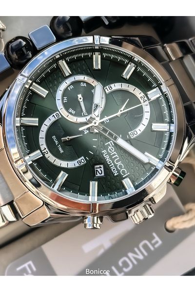 Ferrucci Men's Wrist Watch & Bracelet Rosary - Silver Color, Steel Band, Green Dial