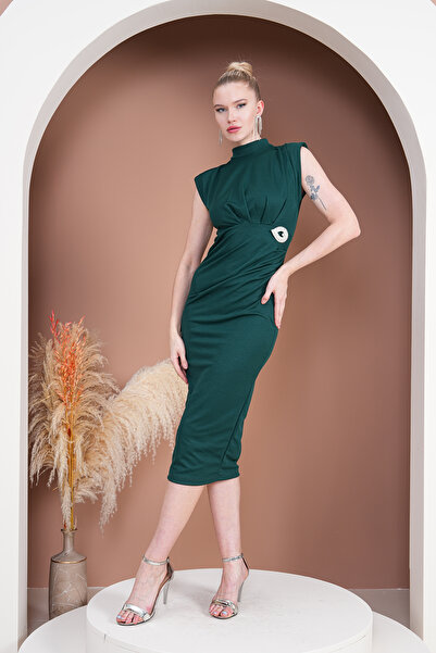 Varyete Kadın Broşlu Vatkalı Drapeli Elbise Düğün Nişan Söz Mezuniyet