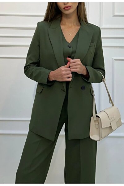 Akalp Klasik Blazer Düğmeli Ceket Pantolon Kadın Kumaş Takım Elbise
