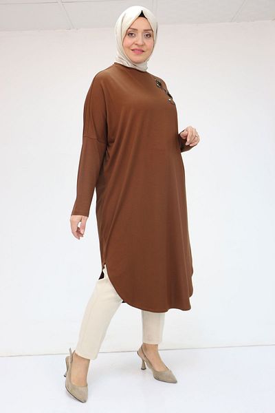 Eslina 58040 Plus Size Low Sleeve Flower-Stone Detailed Combed Cotton Tunic - Brown