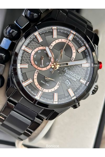 Ferrucci Black Men's Wristwatch - with Steel Band and Gray Dial, Brand Functions Active Bracelet Rosary