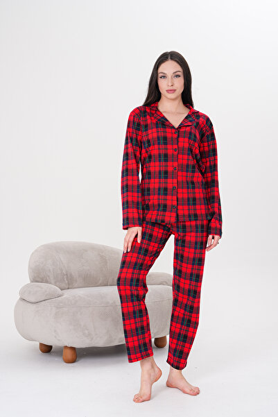 Arvin Pijama Pamuklu Düğmeli Gömlek Yakalı Pijama Takımı Kırmızı Yeşil Ekose