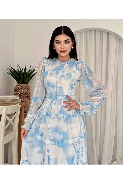 Afiş Butik فستان طويل مكشكش من الشيفون الأبيض باللون الأزرق